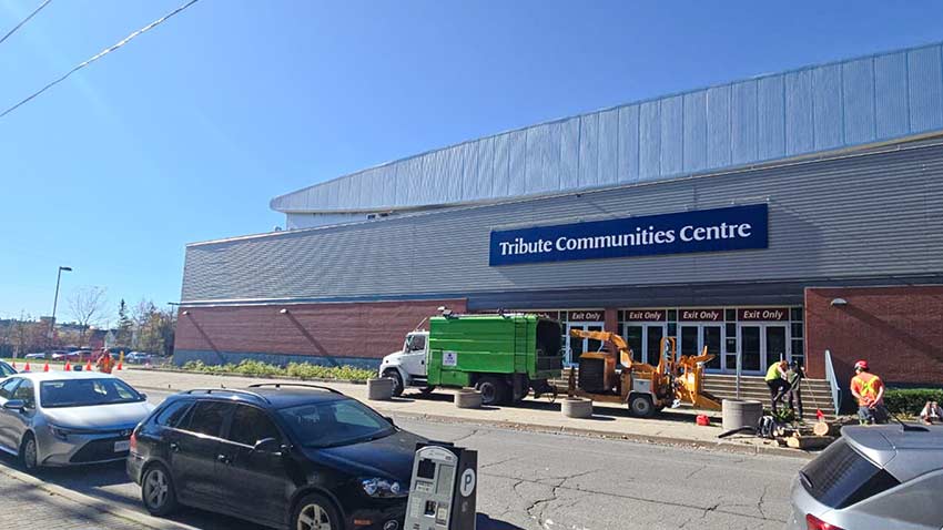 Commercial tree removal underway at Tribute Communities Centre, Oshawa, with a forestry truck, wood chipper and arborist crew. Tribute Communities Centre in Oshawa with Sarginson tree services chipping equipment and crew on site